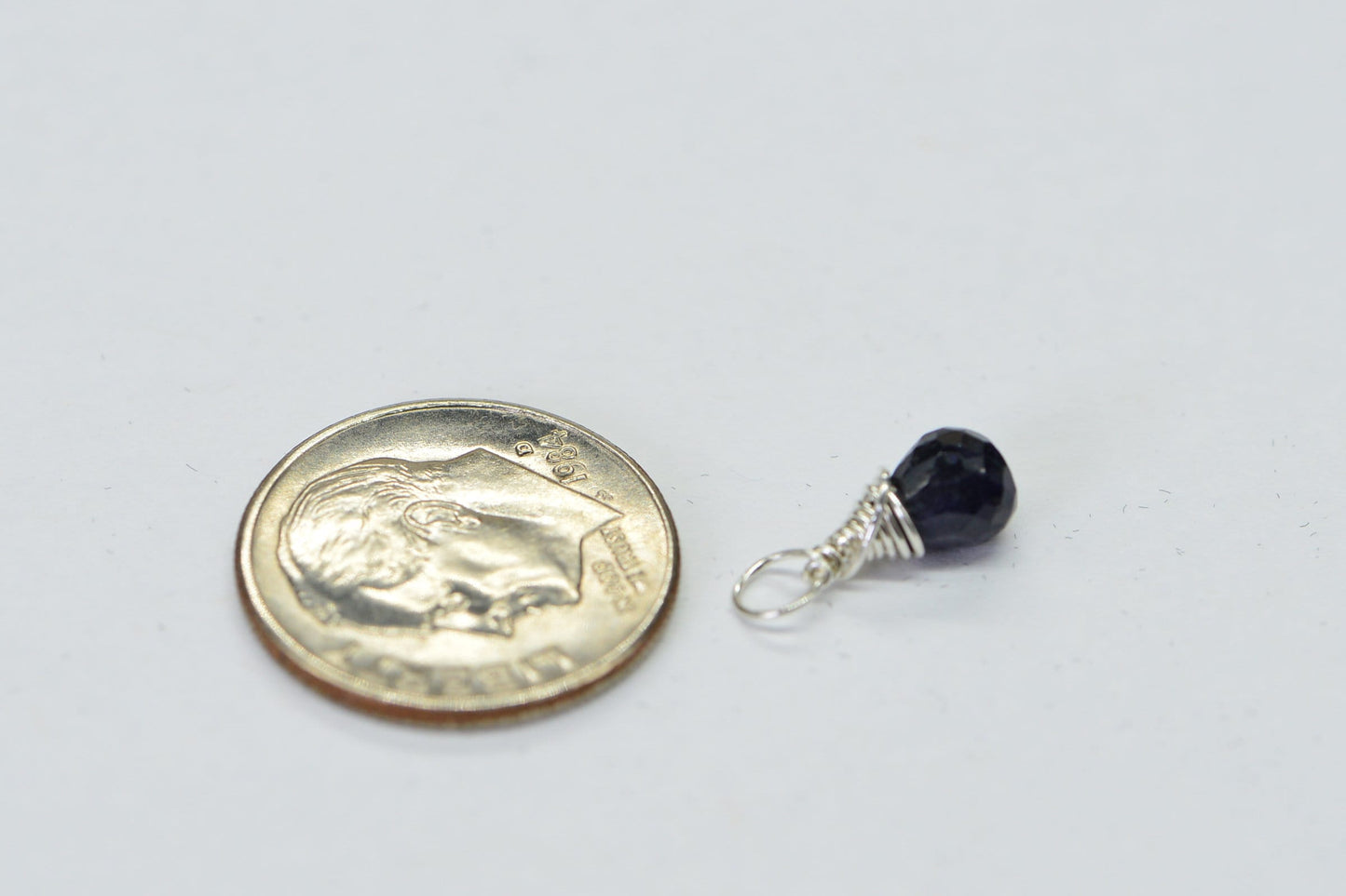Sapphire Briolette Pendant, Sterling Silver Wire Wrapped Charm