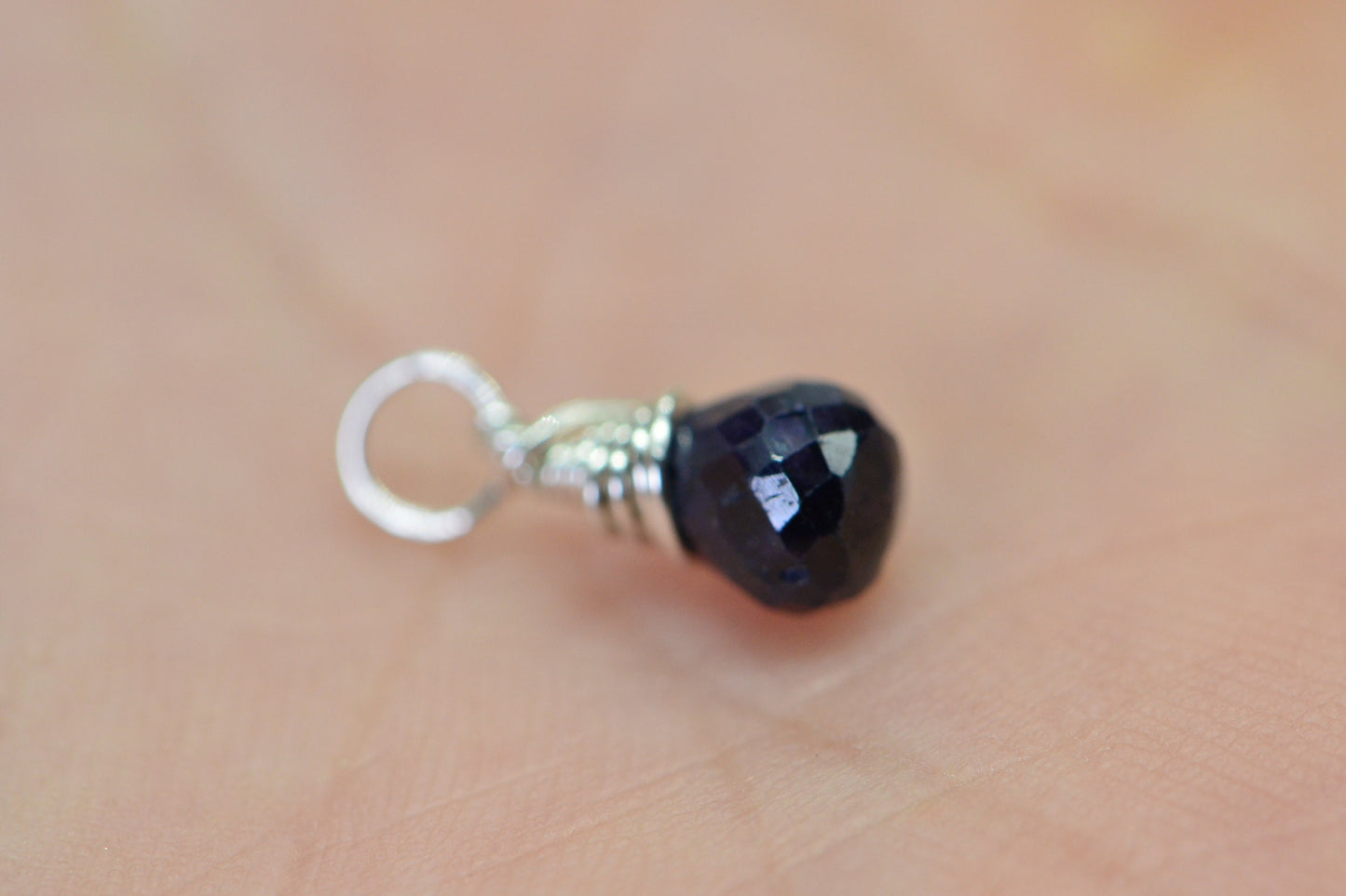 Sapphire Briolette Pendant, Sterling Silver Wire Wrapped Charm