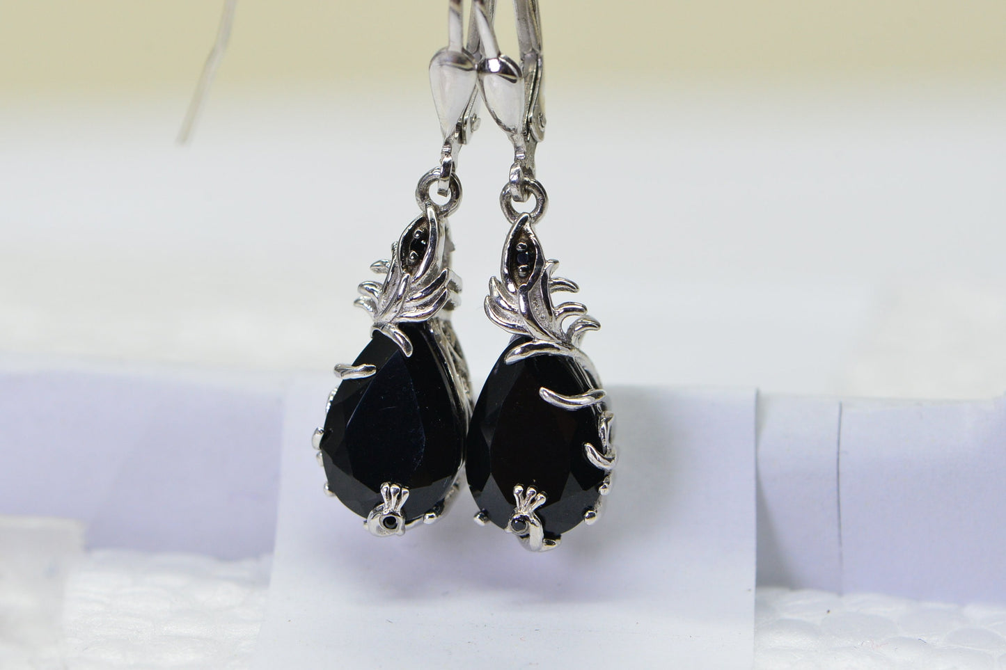 Black Onyx Earrings  Peacock Earrings Teardrop Cut Stone Prong Set in Filigree Fancy Basket