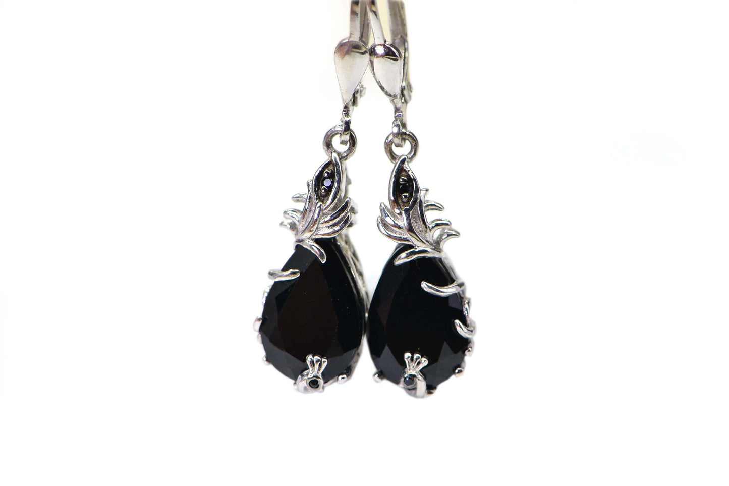 Black Onyx Earrings  Peacock Earrings Teardrop Cut Stone Prong Set in Filigree Fancy Basket
