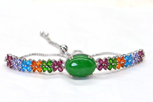 Apple Green Jade Bracelet, Sterling Silver Rainbow Gemstone Bolo Bracelet