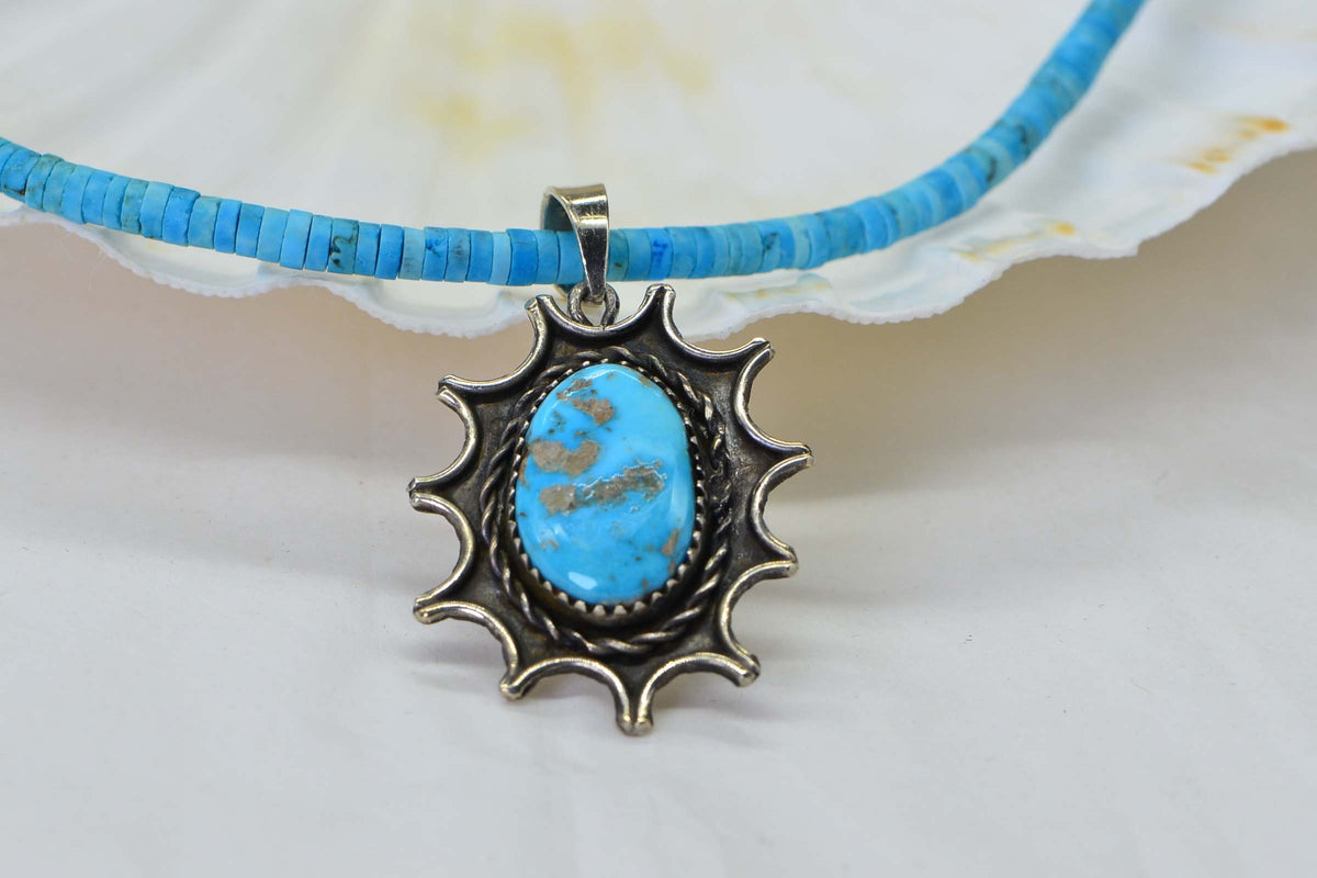 Arizona Sleeping Beauty Turquoise Necklace Sterling Silver Heishi Necklace Vintage style Pendant