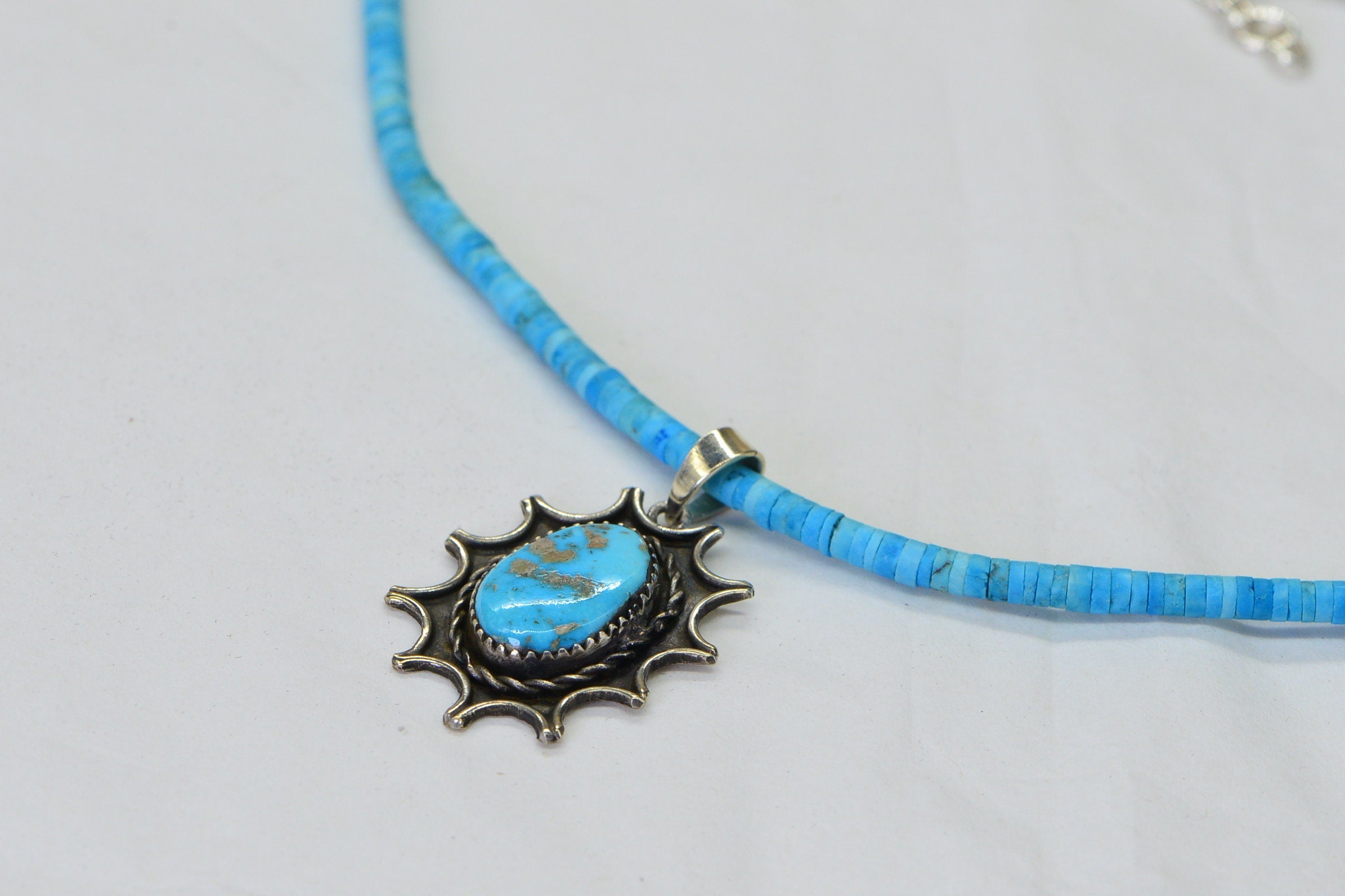 Arizona Sleeping Beauty Turquoise Necklace Sterling Silver Heishi Necklace Vintage style Pendant