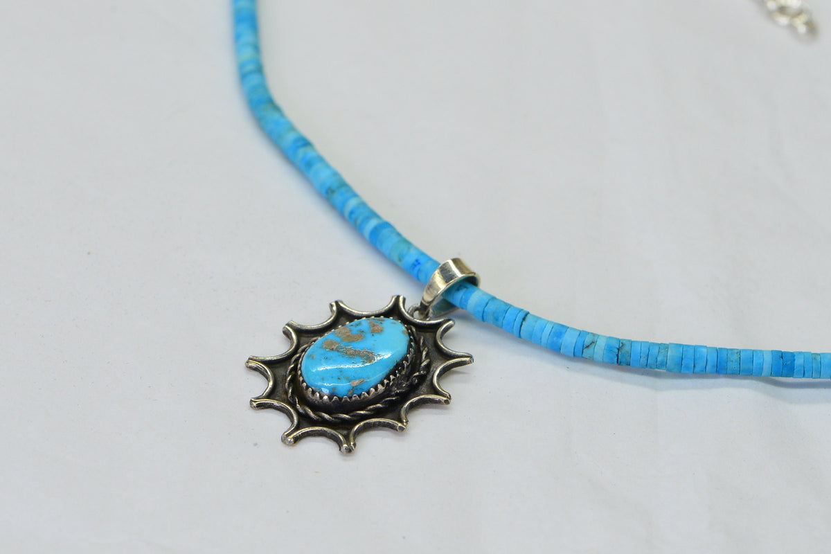 Arizona Sleeping Beauty Turquoise Necklace Sterling Silver Heishi Necklace Vintage style Pendant