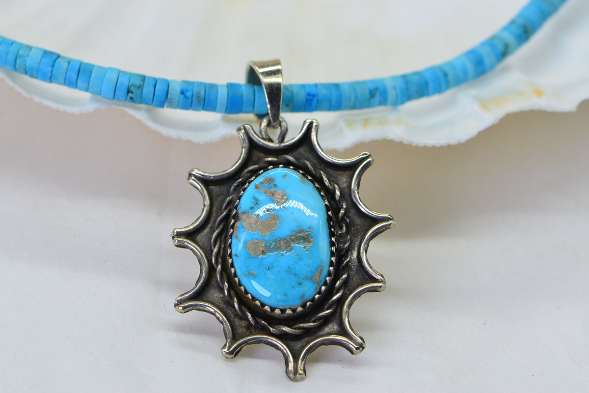 Arizona Sleeping Beauty Turquoise Necklace Sterling Silver Heishi Necklace Vintage style Pendant
