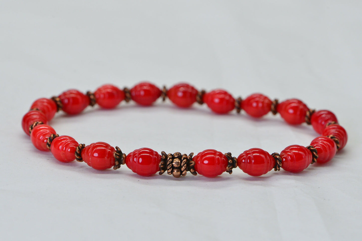 Bamboo Red Coral 8mm Beaded Stretch cord 3mm flower heishi  copper Yoga Gift Bracelet