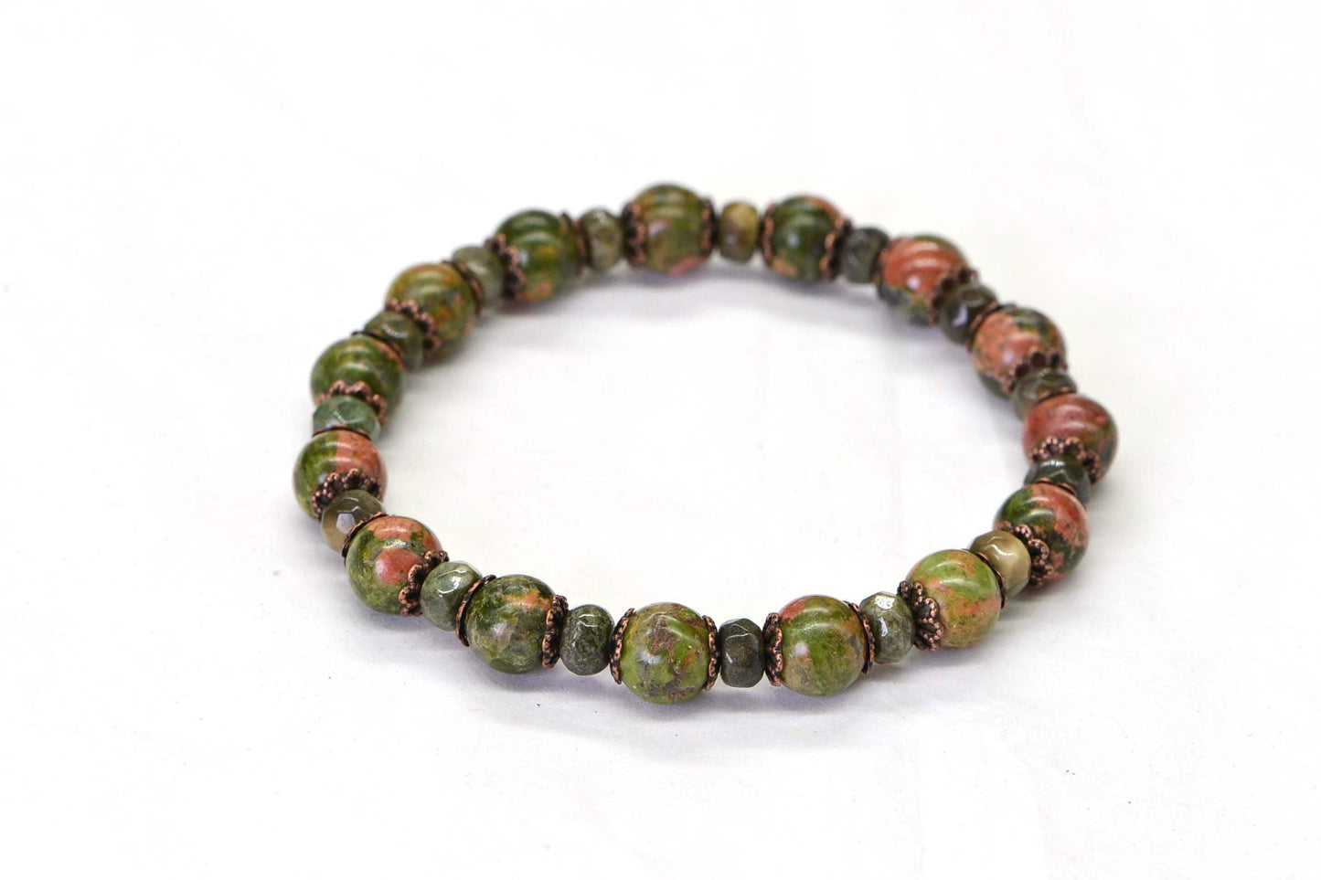 Unakite Gemstone Bracelet: Green & Orange Beaded Bracelet, 6mm