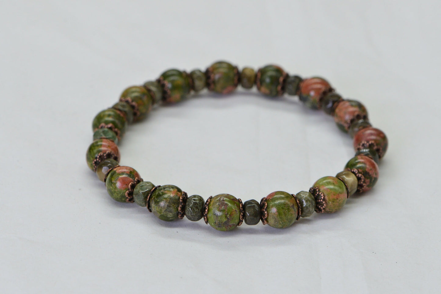 Unakite Gemstone Bracelet: Green & Orange Beaded Bracelet, 6mm
