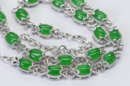 Apple Green Jade Link Necklace, Sterling Silver Leaf Design