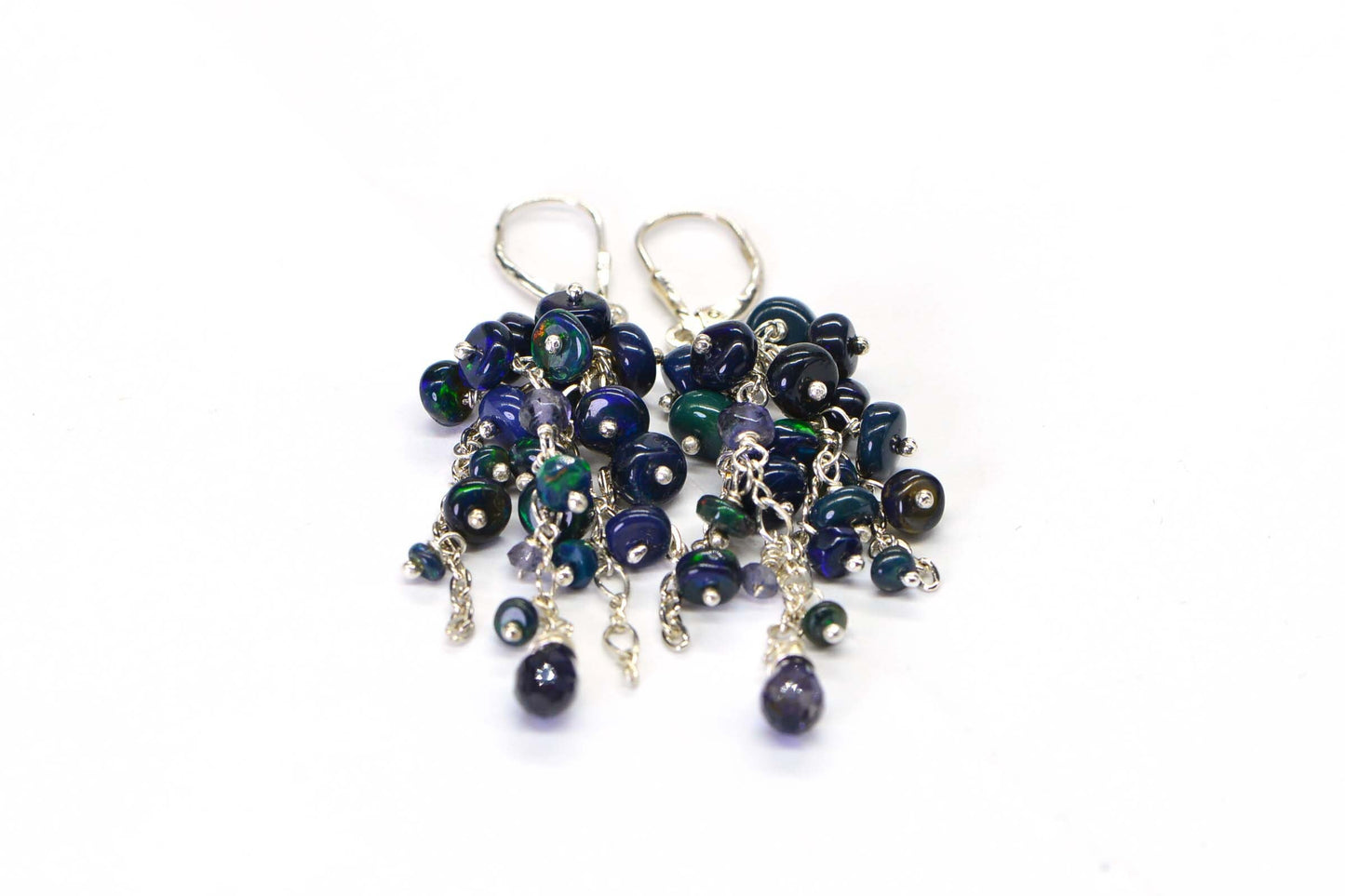Black Opal Chandelier Earrings, Iolite, Sterling Silver, October Birthstone