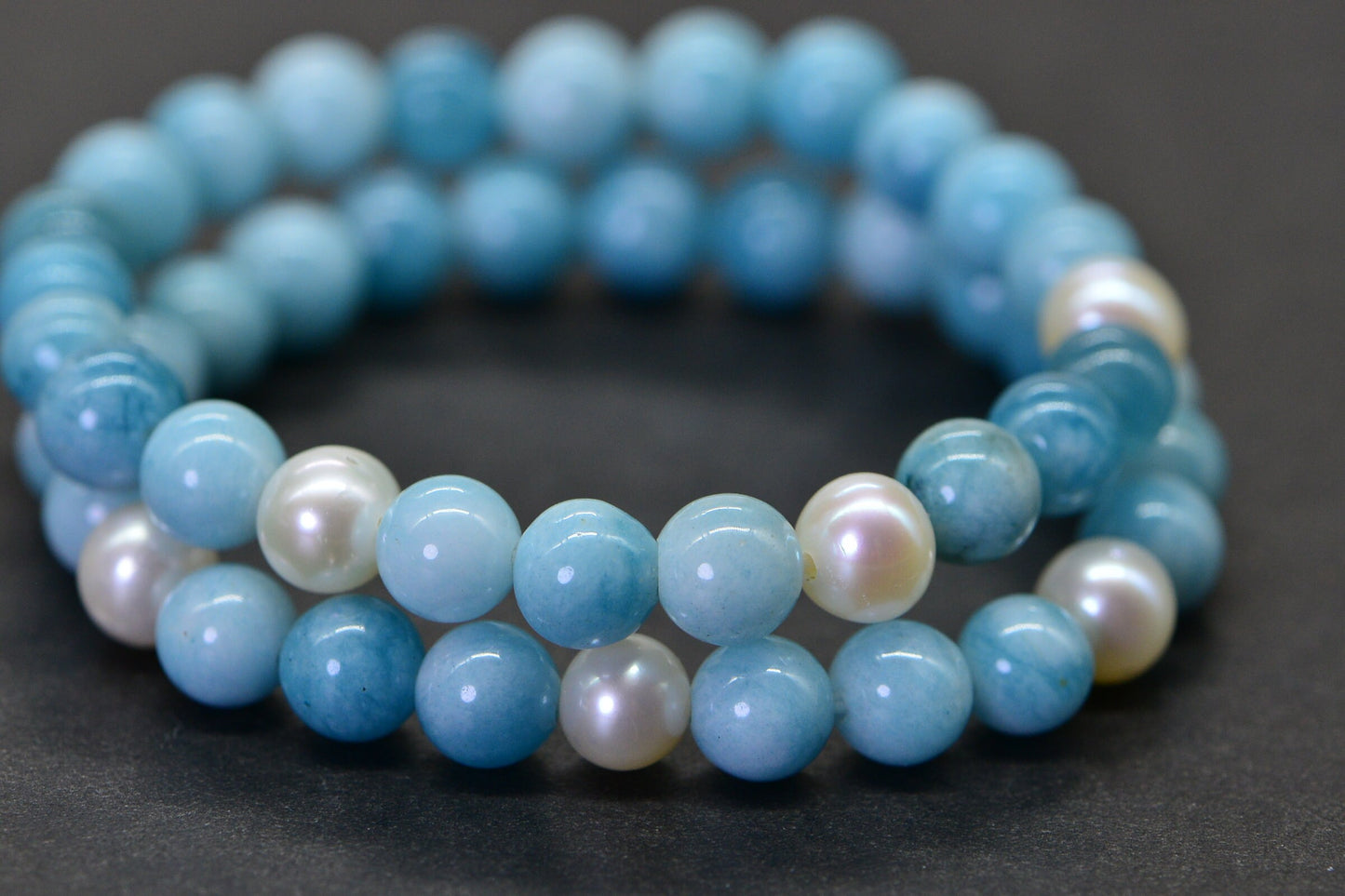 Larimar Quartz Three  Freshwater Pearl  6mm Round Beads Bracelet Stretch Cord