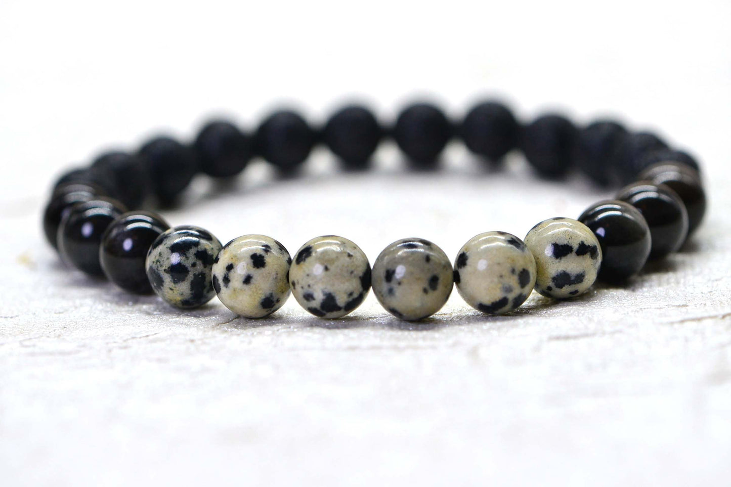 Dalmation Jasper, Black Lava & Obsidian Bracelet: 8mm Gemstone Protection