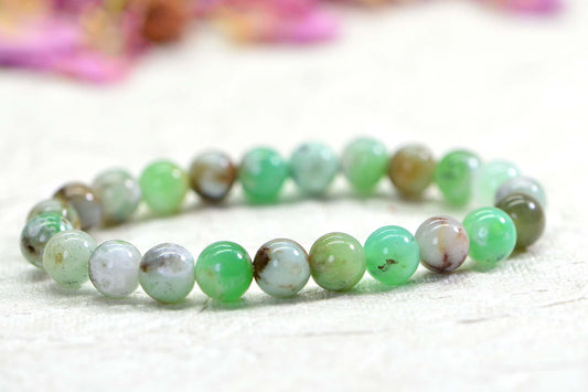 Chrysoprase Bracelet: 8mm Round Green Gemstone Beaded Stretch Bracelet