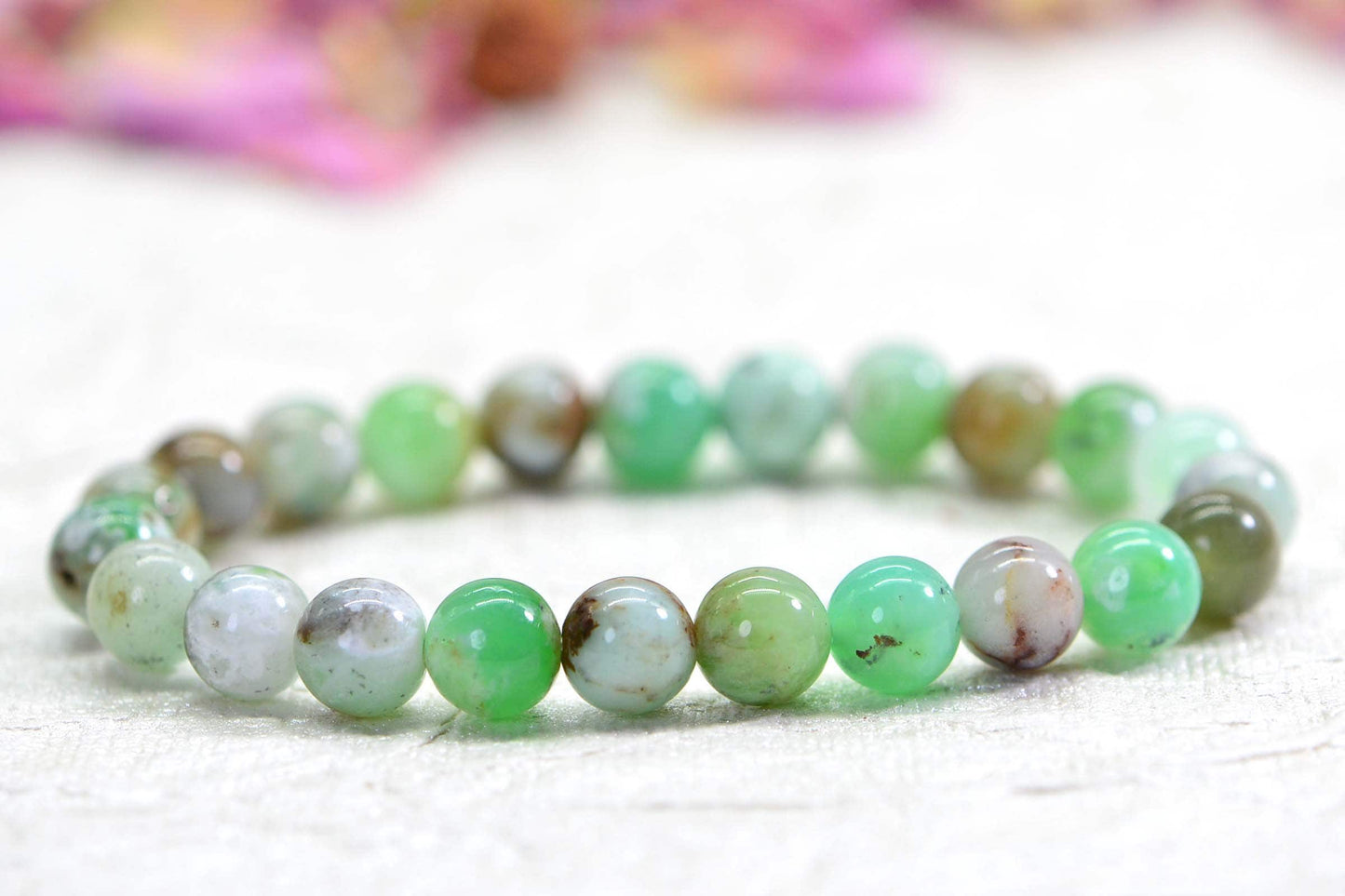 Chrysoprase Bracelet: 8mm Round Green Gemstone Beaded Stretch Bracelet