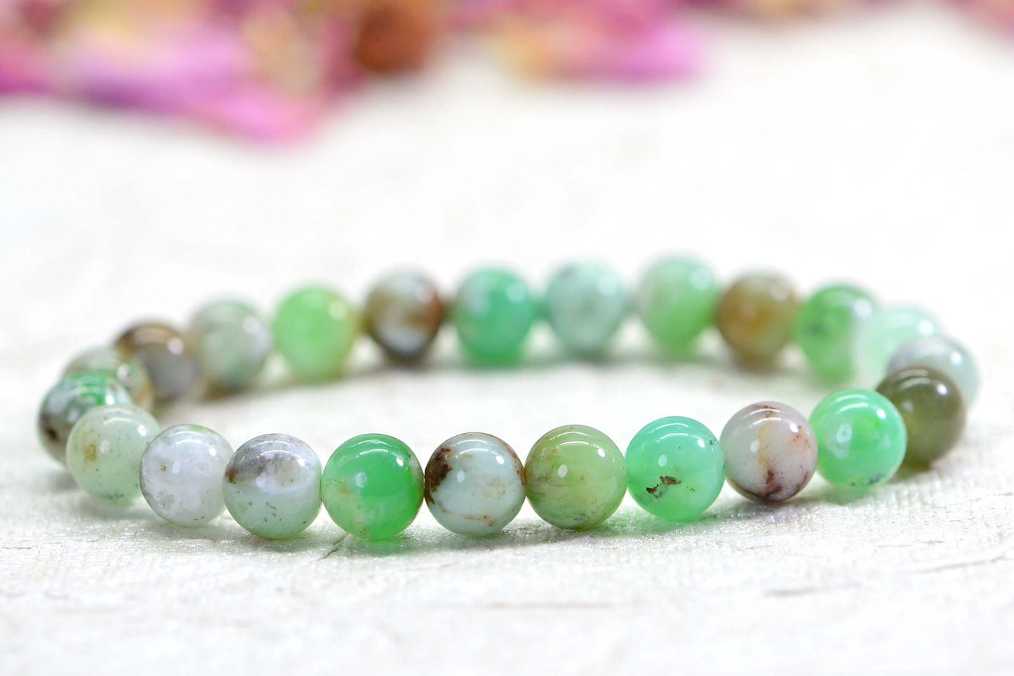 Chrysoprase Bracelet: 8mm Round Green Gemstone Beaded Stretch Bracelet