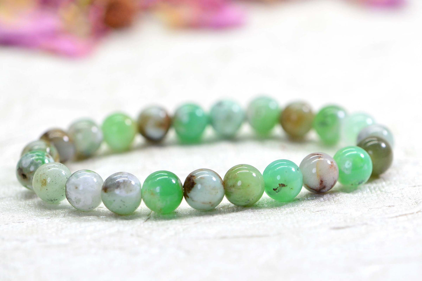Chrysoprase Bracelet: 8mm Round Green Gemstone Beaded Stretch Bracelet