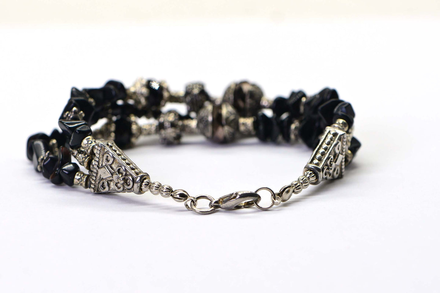 Boho Black Onyx Bracelet: Antique Silver Crystal Multi Strand