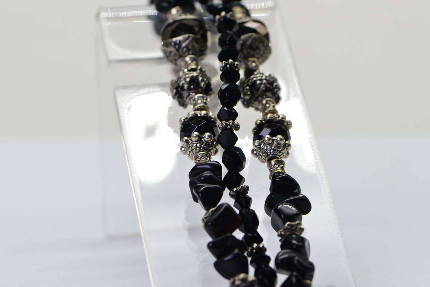 Boho Black Onyx Bracelet: Antique Silver Crystal Multi Strand