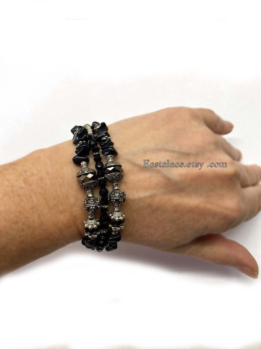 Boho Black Onyx Bracelet: Antique Silver Crystal Multi Strand