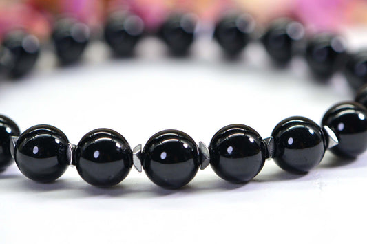 Black Tourmaline & Hematite Bracelet: 8mm Round Gemstone Protection
