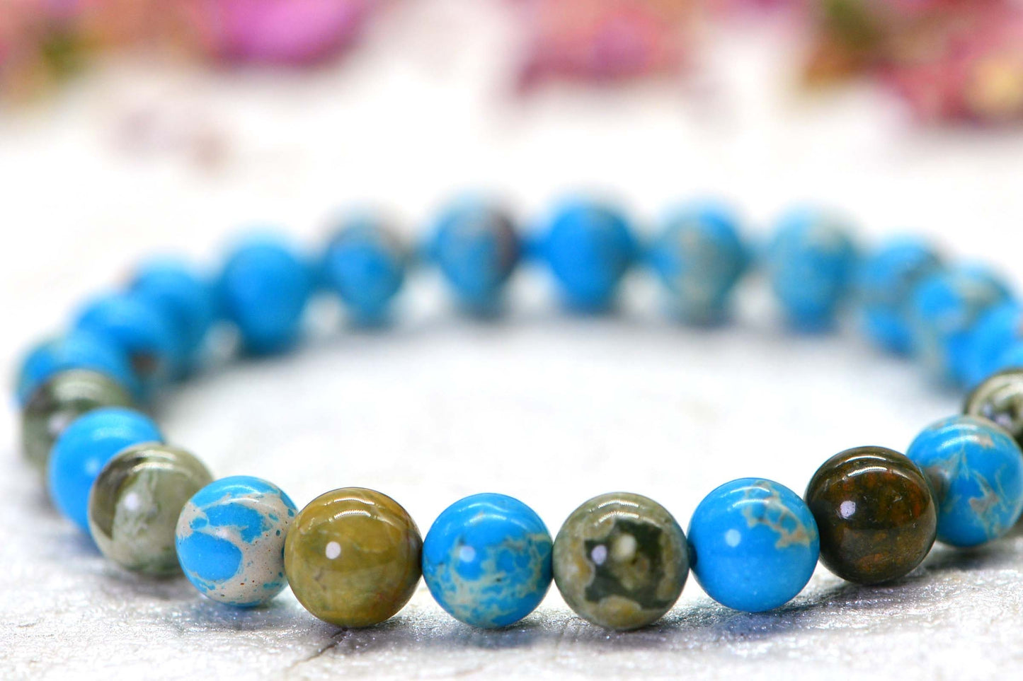 Aqua Terra Jasper & Rainforest Rhyolite 8mm Beaded Bracelet