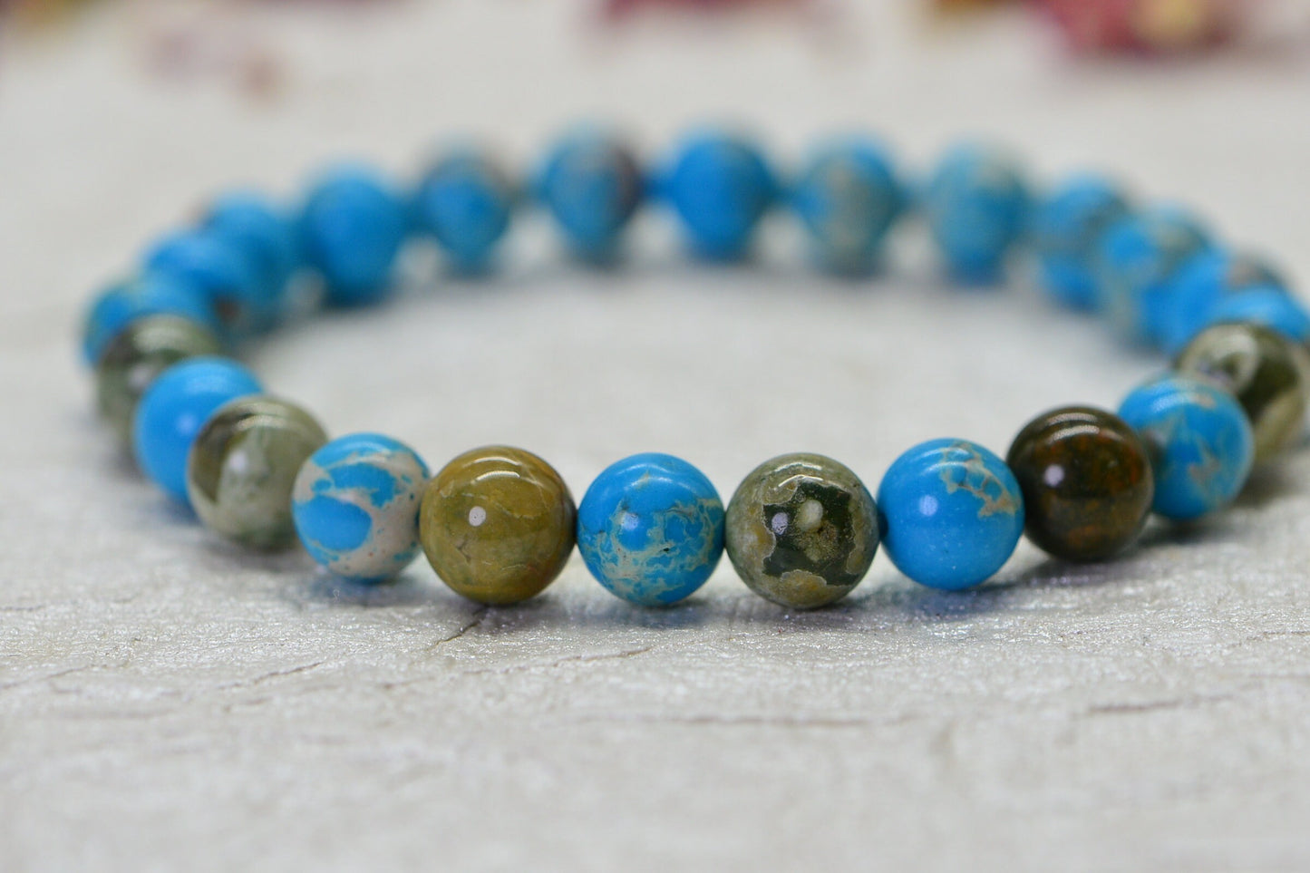 Aqua Terra Jasper & Rainforest Rhyolite 8mm Beaded Bracelet