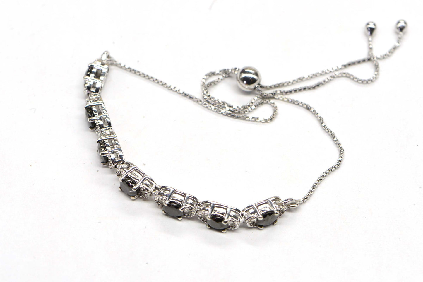 Black Spinel Tennis Bolo Bracelet: Platinum Over Sterling Silver, Vintage Style