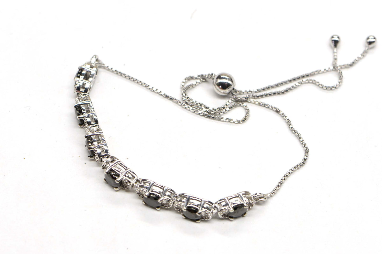 Black Spinel Tennis Bolo Bracelet: Platinum Over Sterling Silver, Vintage Style