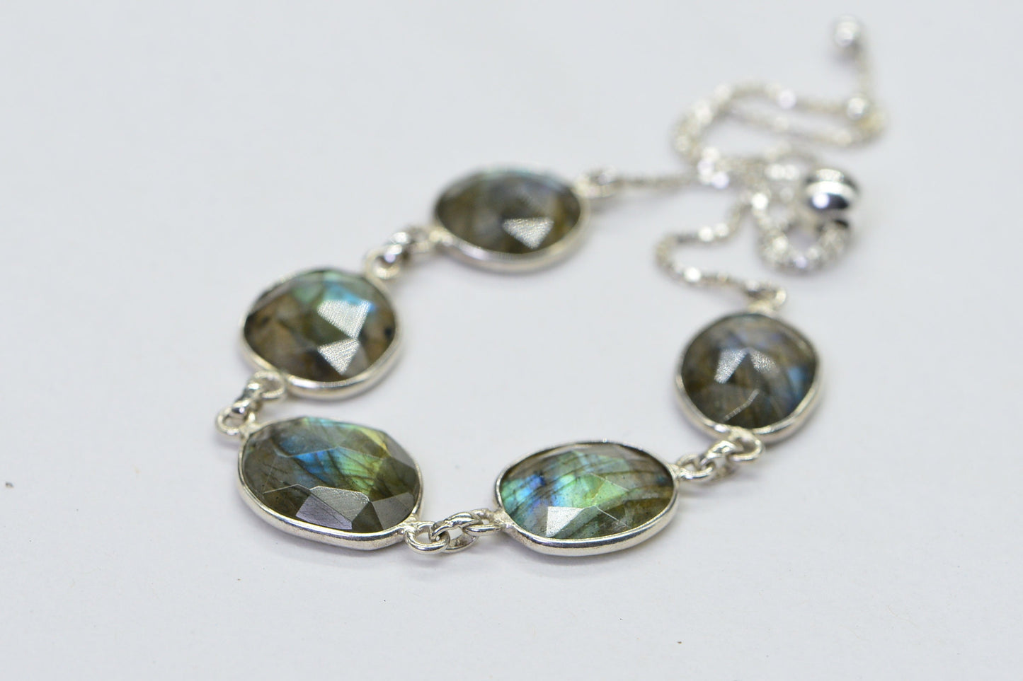 Blue Flash Labradorite Bolo Bracelet, Sterling Silver, Adjustable