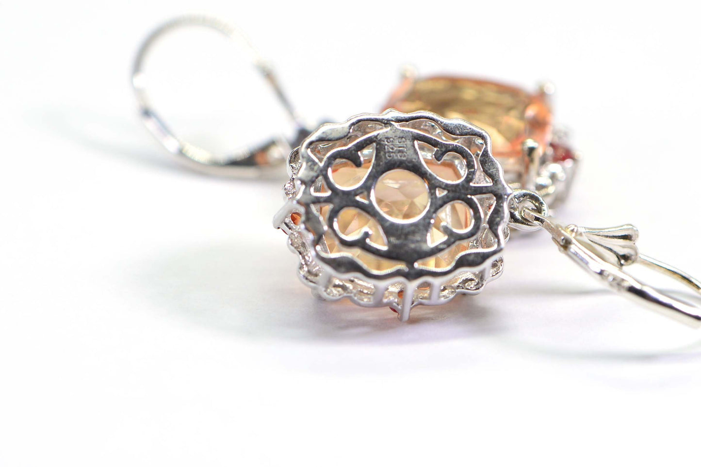 Peach Morganite Earrings, Emerald Cut, Filigree Sterling Silver