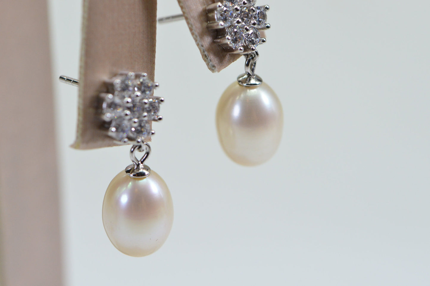 Tahitian White Pearl Dangle Earrings: CZ Flower Studs, 14K White Gold Vermeil