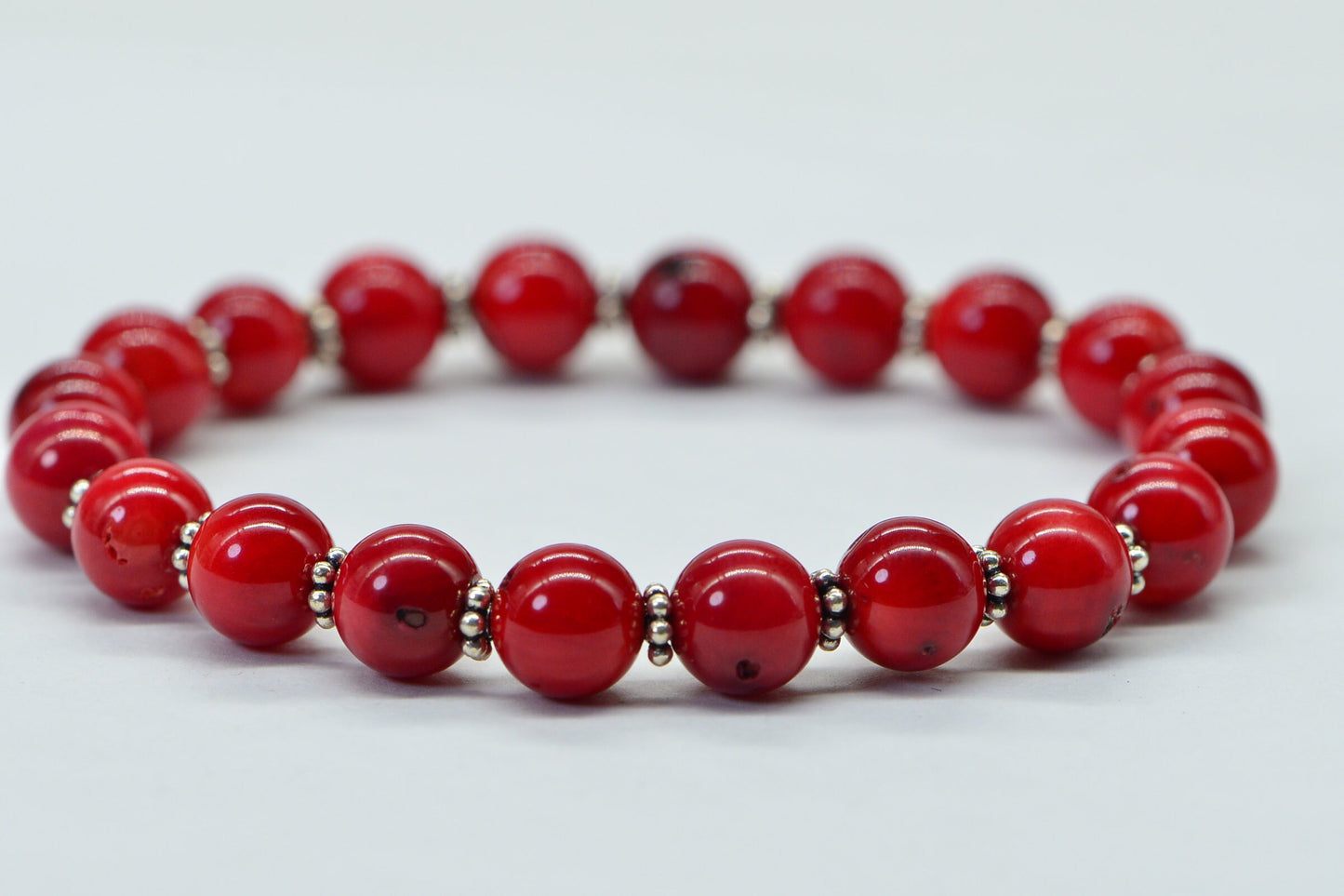 Red Coral Beaded Bracelet: Sterling Silver, 8mm Bamboo Beads