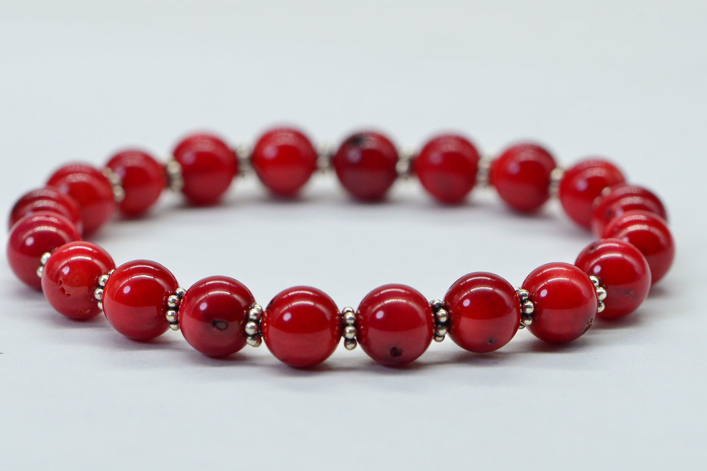 Red Coral Beaded Bracelet: Sterling Silver, 8mm Bamboo Beads