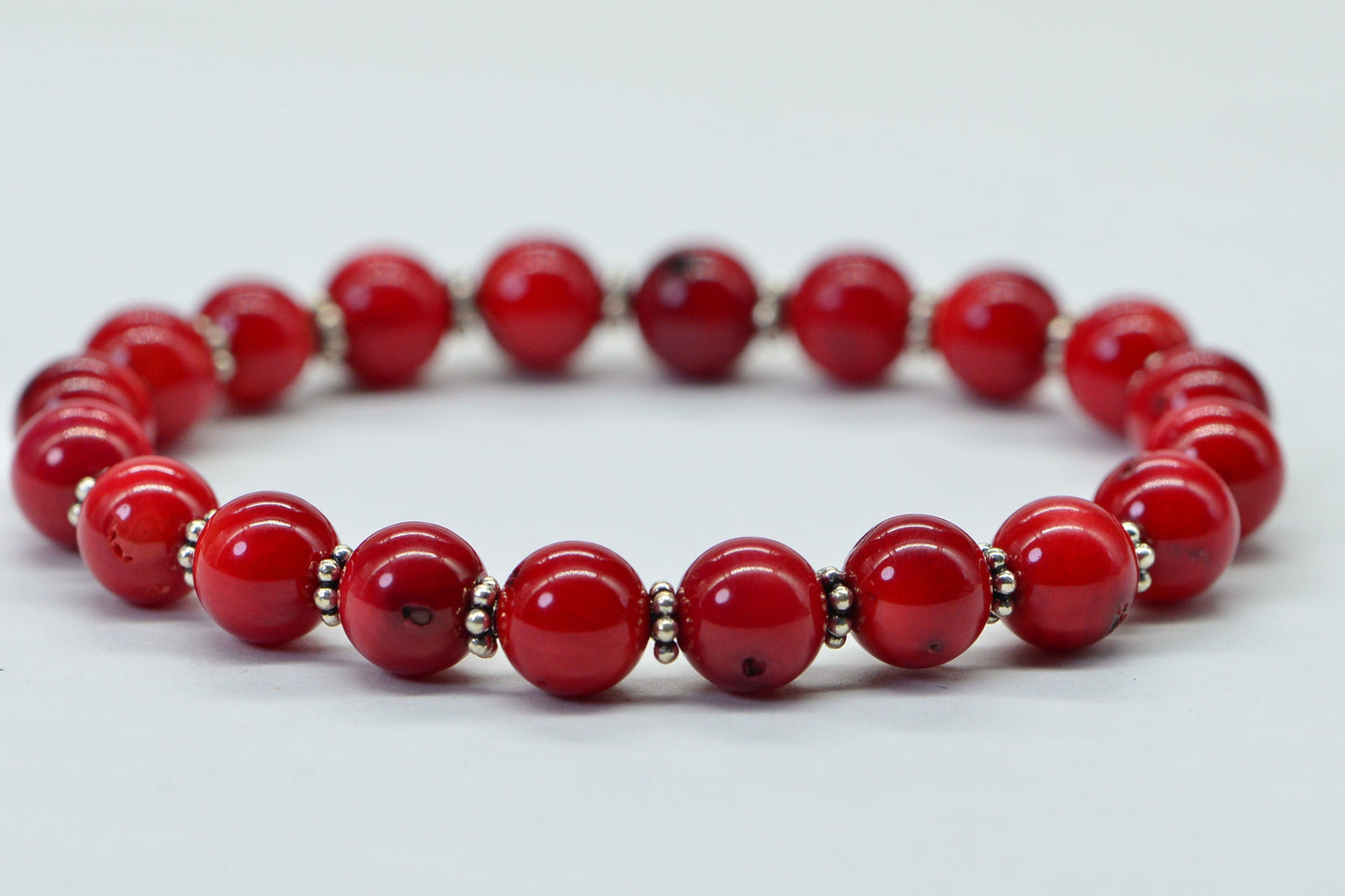 Red Coral Beaded Bracelet: Sterling Silver, 8mm Bamboo Beads