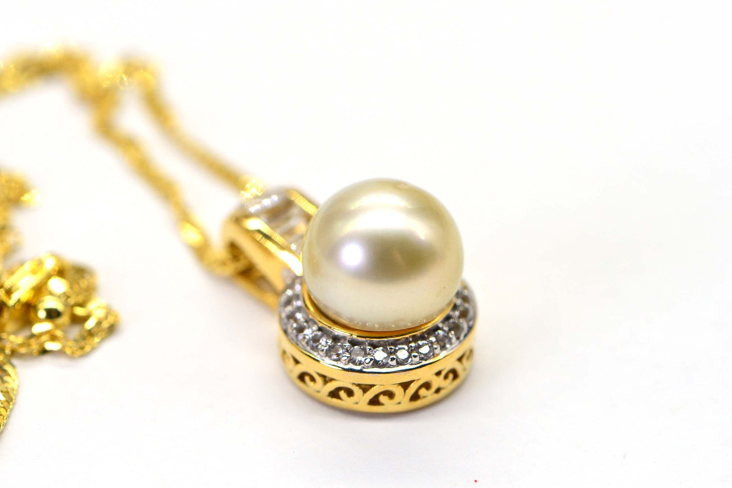 South Sea Golden Pearl Necklace, Halo CZ Pendant, 14K Gold Vermeil
