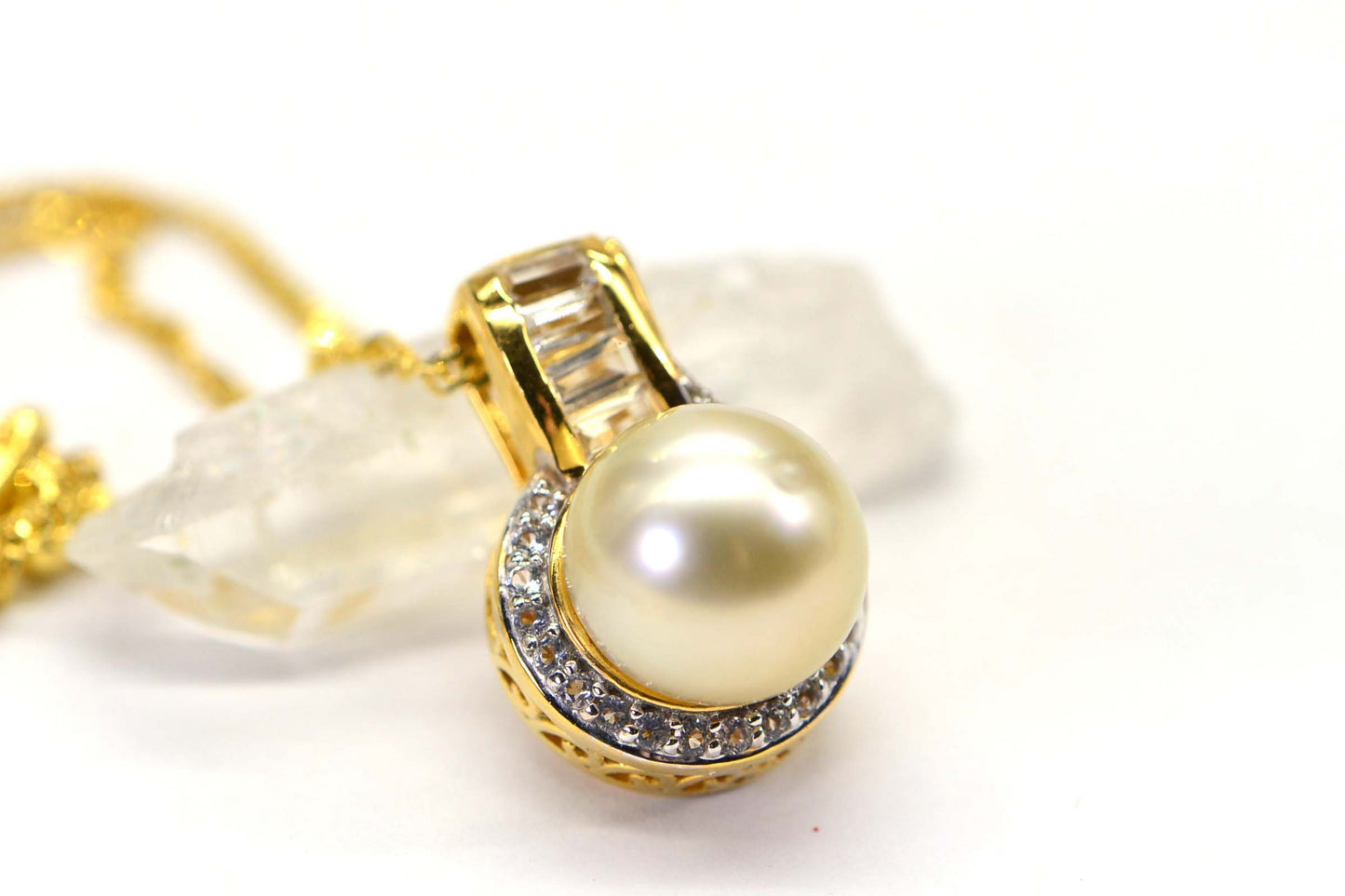 South Sea Golden Pearl Necklace, Halo CZ Pendant, 14K Gold Vermeil