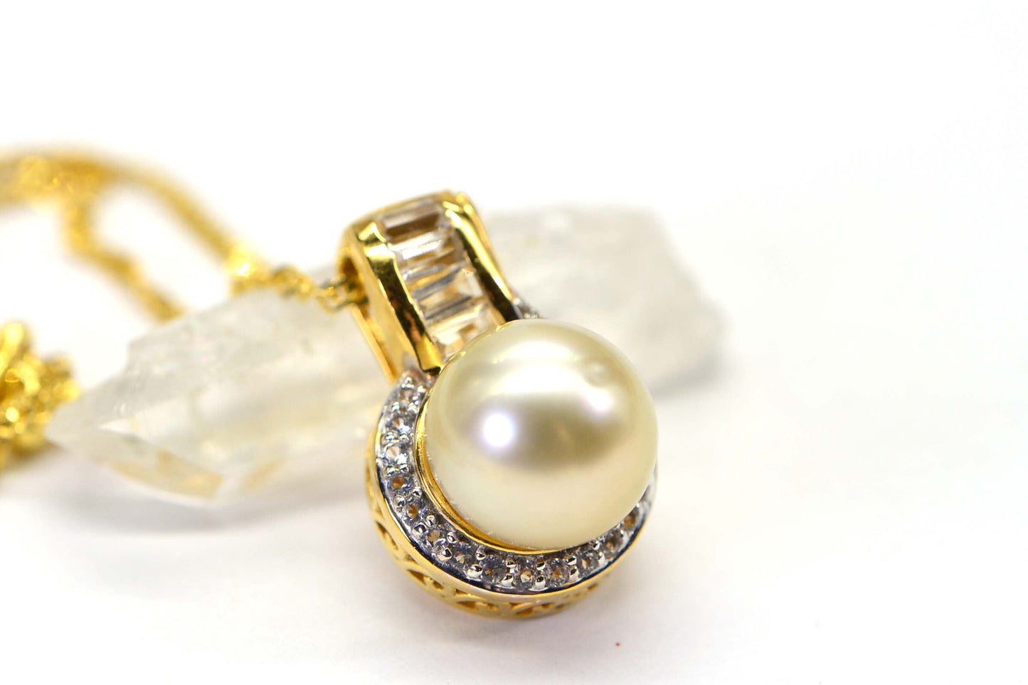 South Sea Golden Pearl Necklace, Halo CZ Pendant, 14K Gold Vermeil