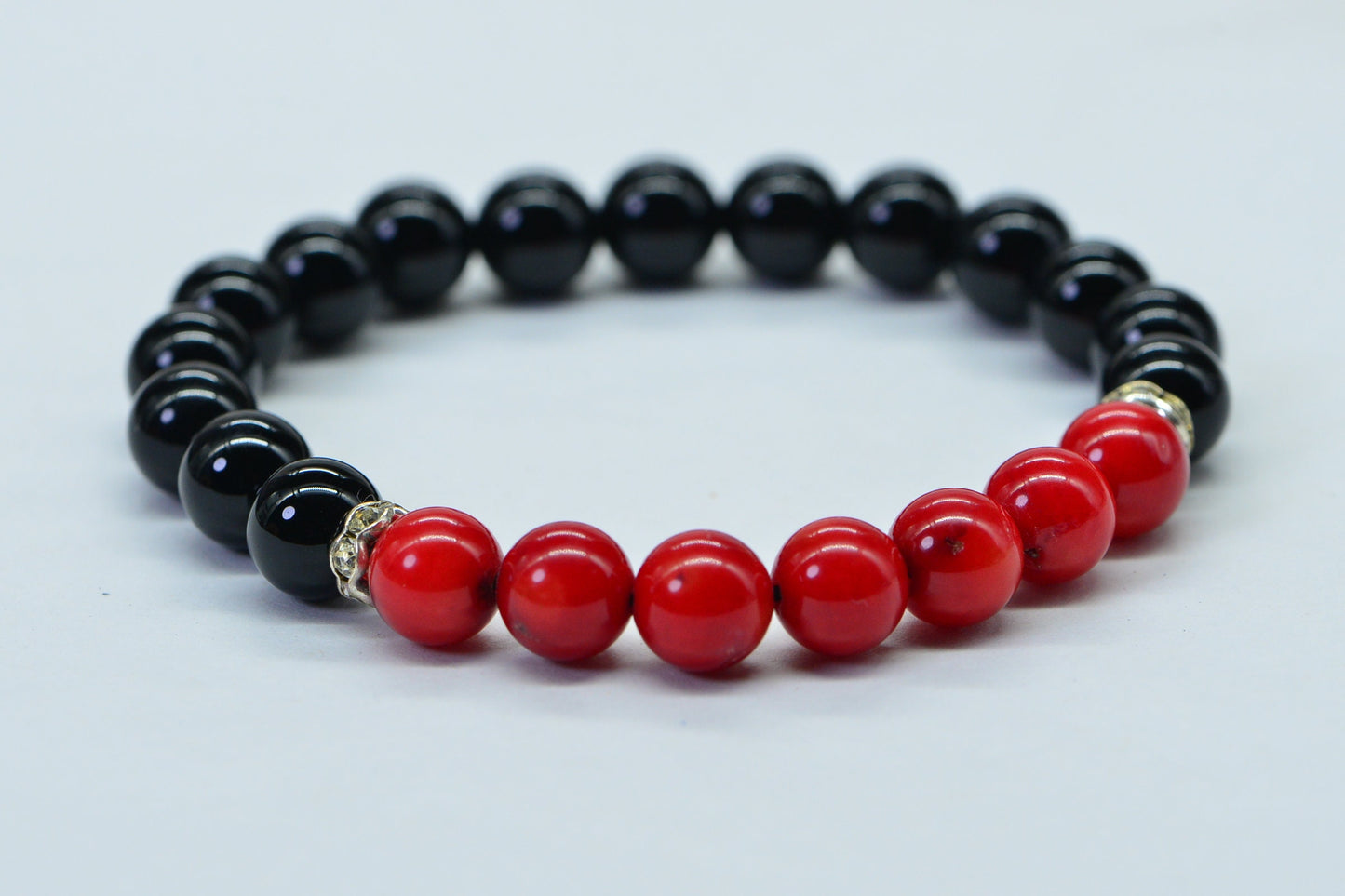 Black Tourmaline & Red Coral Beaded Bracelet with Sterling Silver