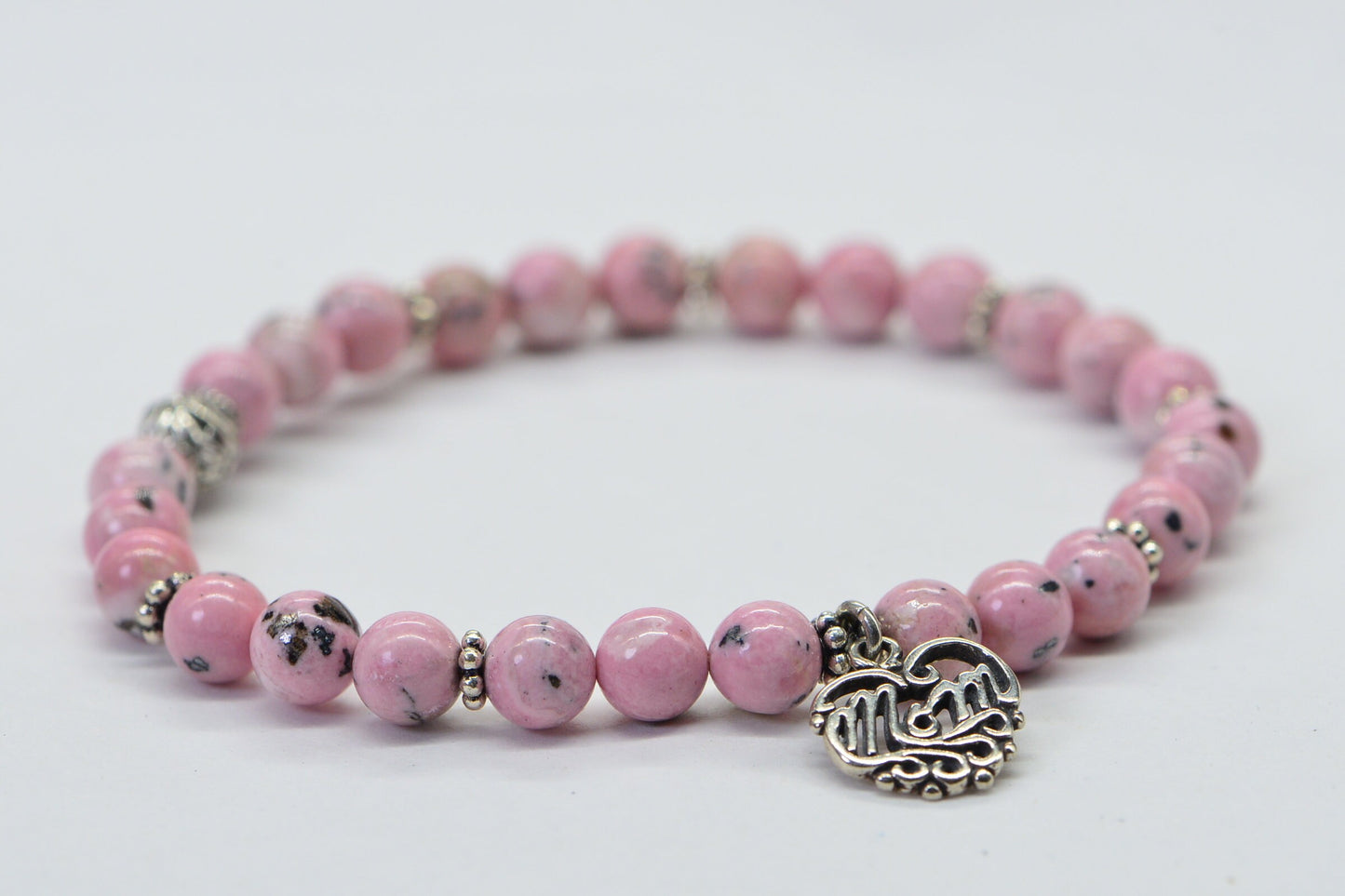Rhodochrosite Bracelet: Sterling Silver, Pink Gemstone, Mom Heart Charm