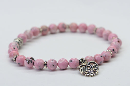 Rhodochrosite Bracelet: Sterling Silver, Pink Gemstone, Mom Heart Charm