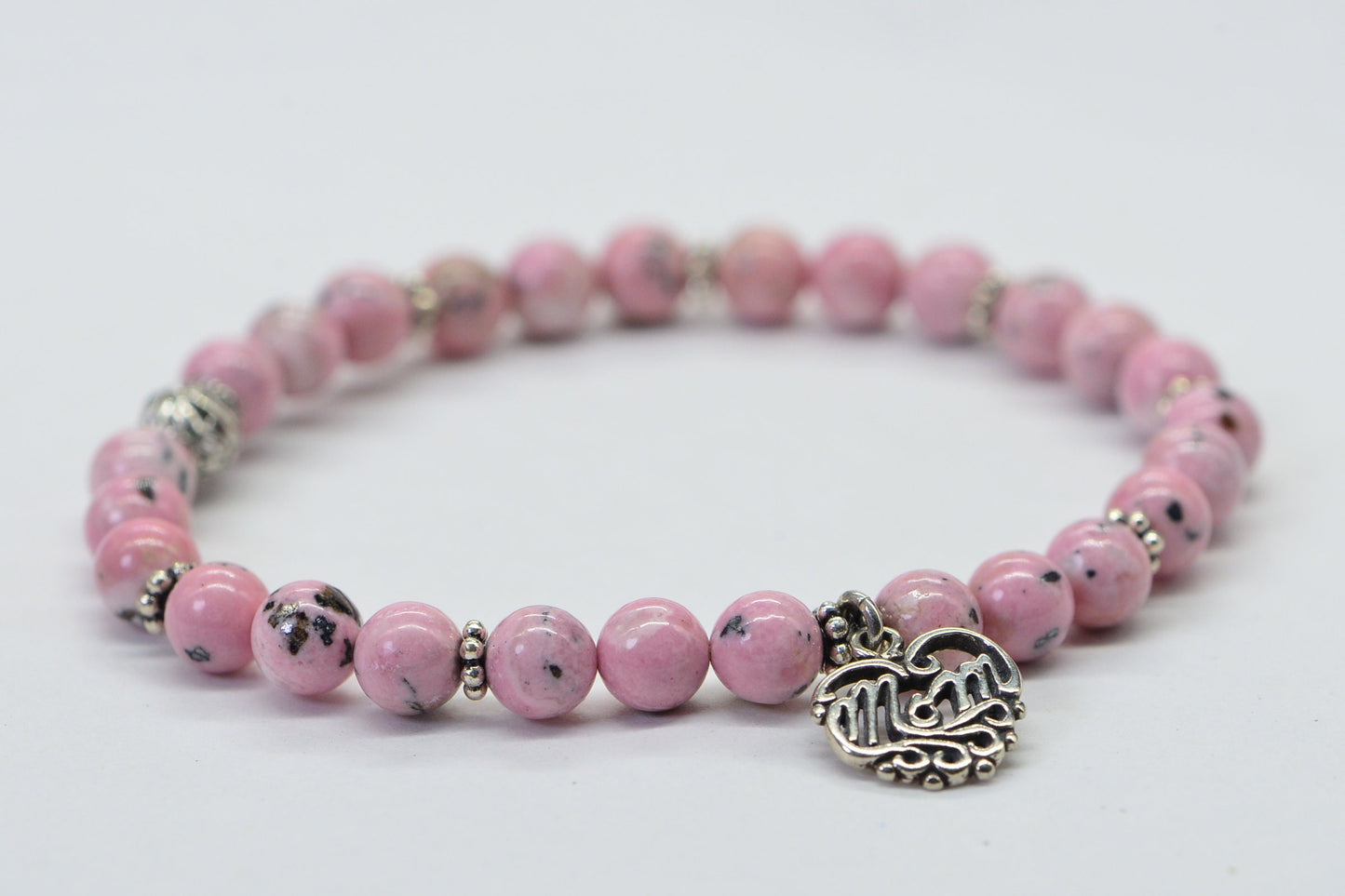 Rhodochrosite Bracelet: Sterling Silver, Pink Gemstone, Mom Heart Charm
