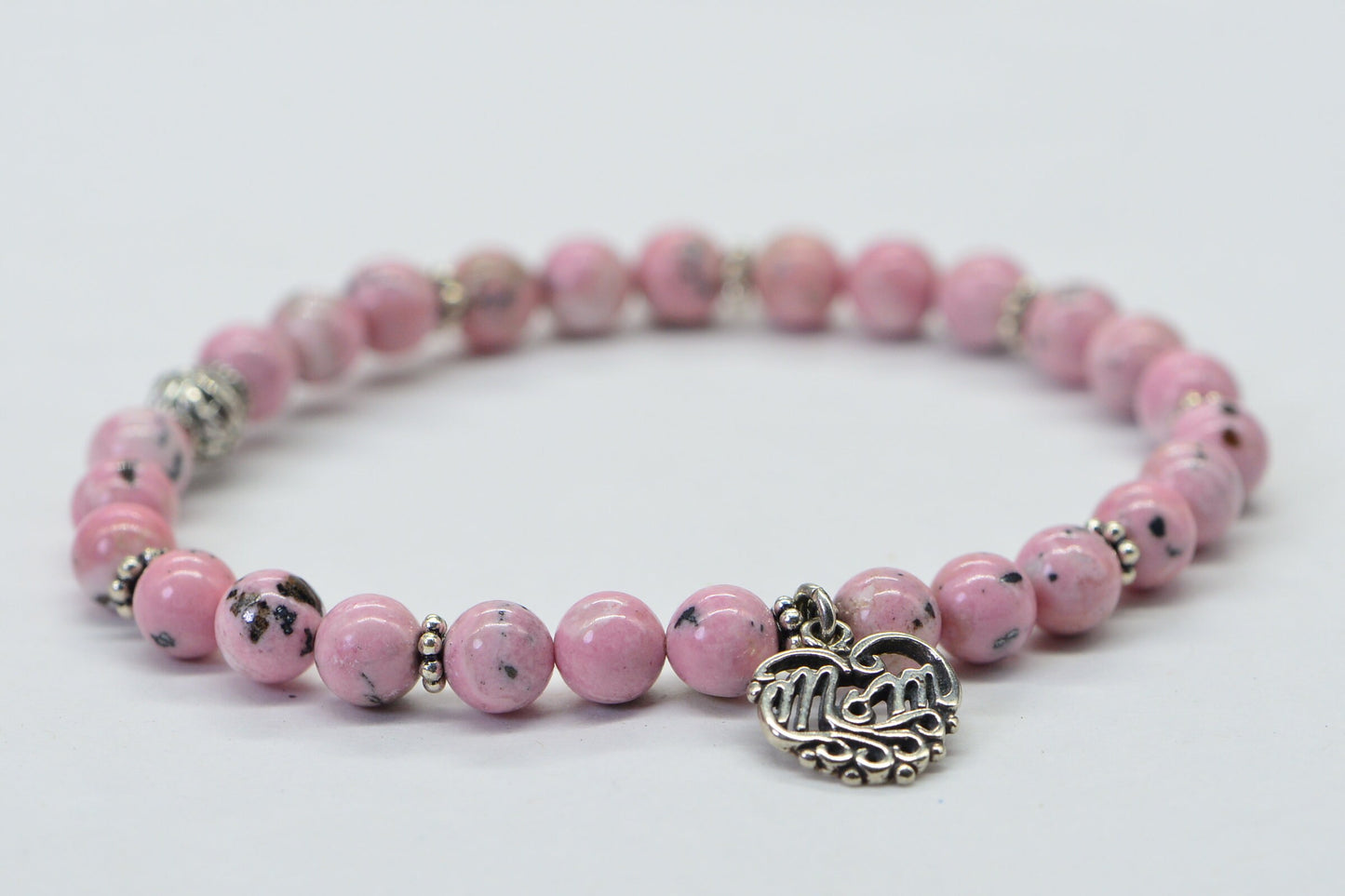 Rhodochrosite Bracelet: Sterling Silver, Pink Gemstone, Mom Heart Charm