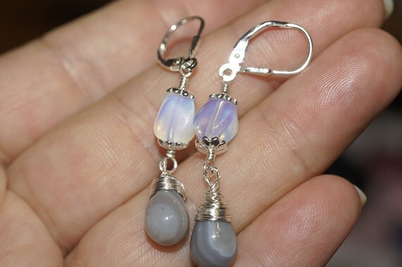 Blue Moon Agate & Opalite Sterling Silver Dangle Earrings