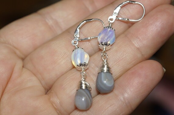 Blue Moon Agate & Opalite Sterling Silver Dangle Earrings