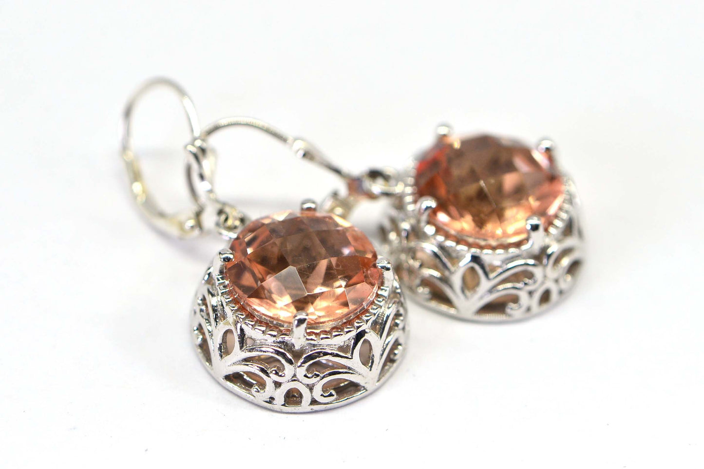 Morganite Large Round Cut Stone  Dangle Earrings in  Sterling Silver Birthstone  Gemstone