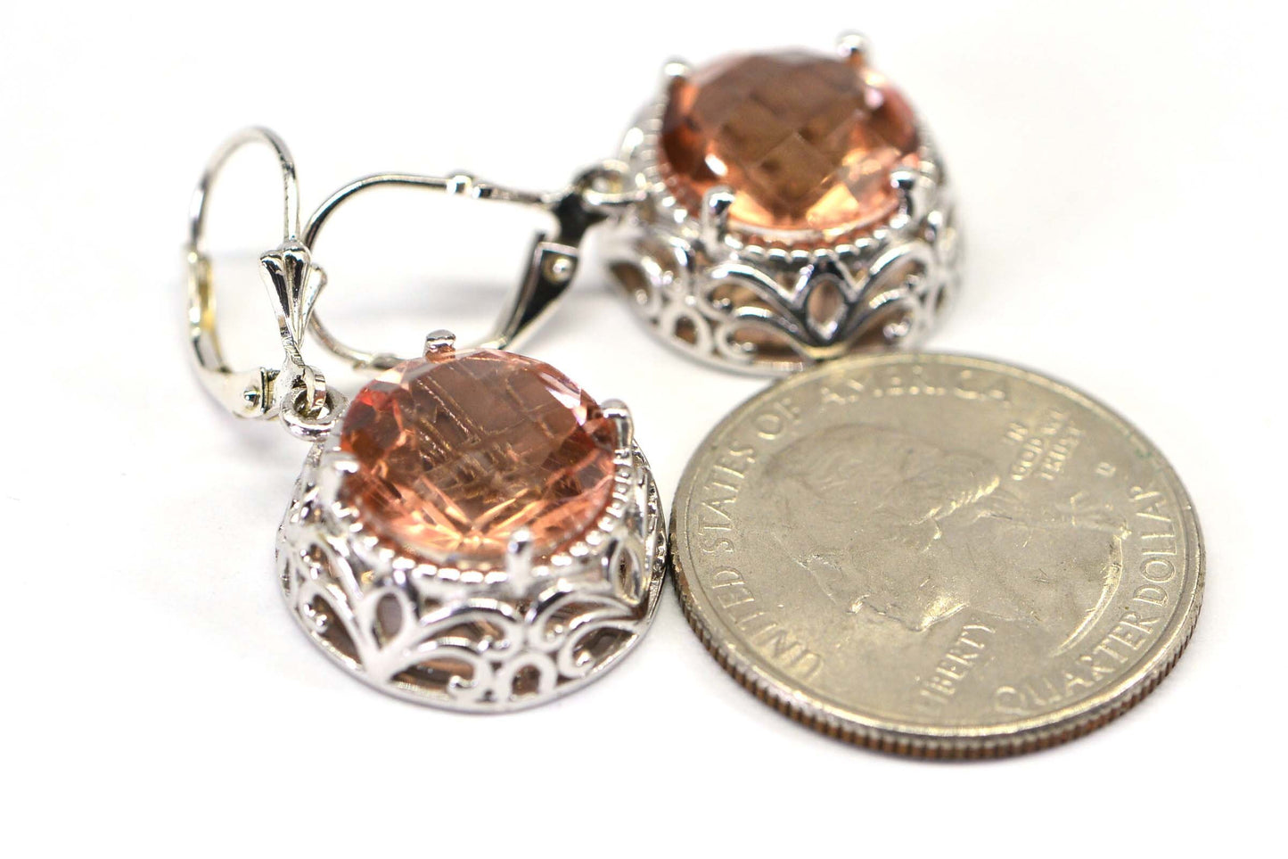 Morganite Large Round Cut Stone  Dangle Earrings in  Sterling Silver Birthstone  Gemstone