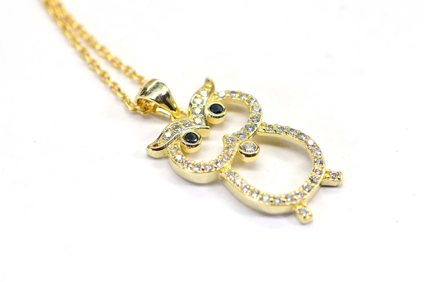 Gold over Sterling Silver Owl Pendant Necklace, Diamond Simulant, Vermeil, Dainty Jewelry