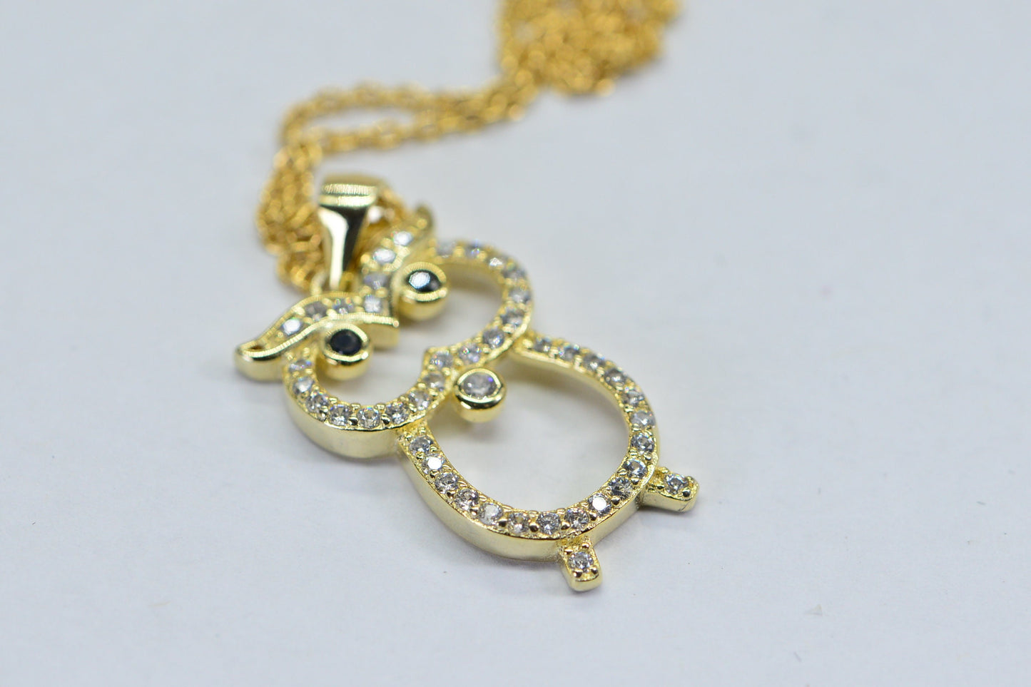 Gold over Sterling Silver Owl Pendant Necklace, Diamond Simulant, Vermeil, Dainty Jewelry