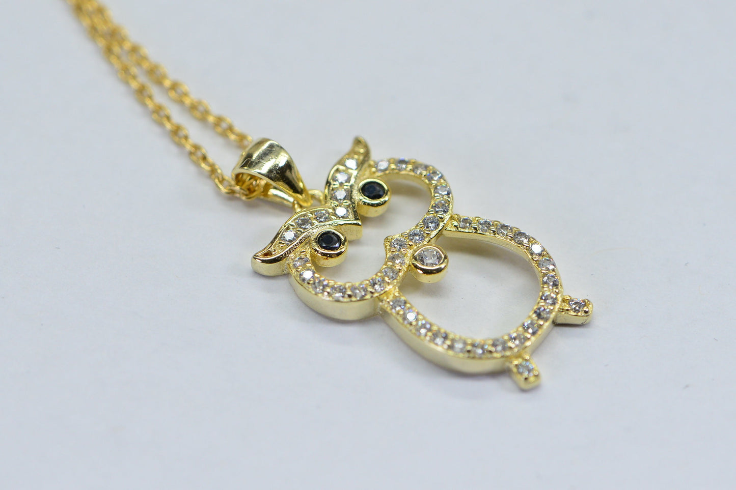 Gold over Sterling Silver Owl Pendant Necklace, Diamond Simulant, Vermeil, Dainty Jewelry