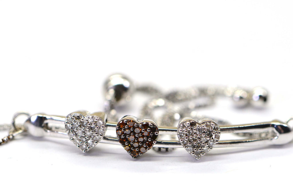 Brown Real Diamond Three Hearts Bar Sterling Silver Bolo  Bracelet